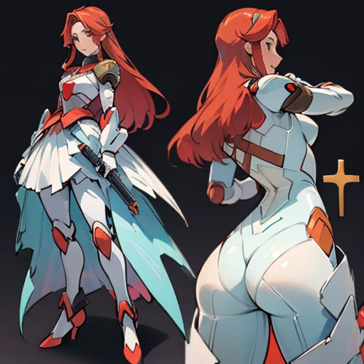 Erotic transparent suit design inspired by miorine rembrant (gundam) With long hair , in various views (front and back) ((Character sheet)) (((covering cross pose )))