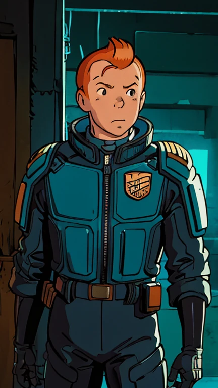 (Teens:1male: Tintin), (extremely detailed CG unit 8k wallpaper),(master part), (best quality), (ultra detail), (best illustration),(jdgdrdd), cowboy shot, (Sharp eyeliner, ombre, detailed eyes:1), dark neon light cyberpunk indoors background, ,break , (ghibli style), upper body, very short hair,orange hair