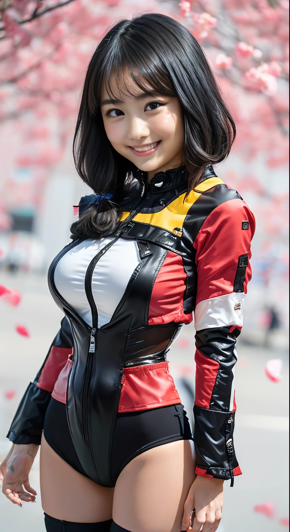 (8k、Raw photography、Highest quality、masterpiece:1.2),(Black Hair、Dark Eyes:1.9),(brightly colored plug suit:1.6)、View your audience,Front view,White skin,(Short Twin Tails:1.4)、(Tight waist:1.6)、(Clothes that accentuate the shape of the breasts:1.0)、(Big Breasts :1.3)、Slim figure、Ultra-high resolution,beautiful,beautiful fece,(One person、No background:1.9),whole bodyボディー,Japanese women,(reality的:1.37)、Photon Mapping,reality、(-face cute: 1.4)、(Cute Smile: 1.8)、(Round face: 1.8)、Radio City、Physically Based Rendering、Depth of field rally background、photograph, (I can see your knees、Thigh close-up:1.8),(:1.6),whole body、Great quality