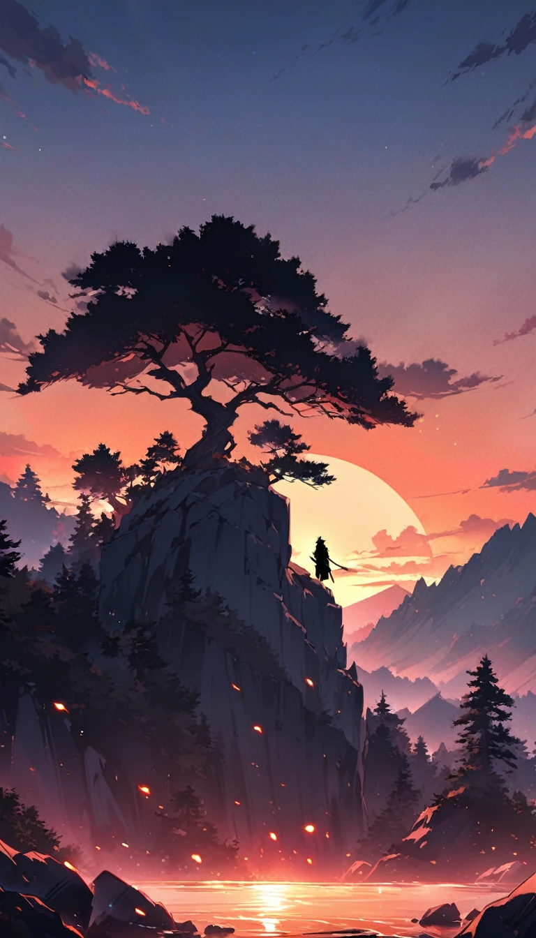 Tree on rocky mountain cliff, sunset sence, samurai silhouette, red