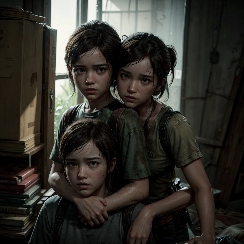 A (((beautiful  tween holding a monkey and a monkey in her arms,))) ((Ellie from the last of us part one)) a, Wearing micro skirt. ((And her get hugs with Lewd monkey groping her in jungle)).(realistic arts), intricate, (monkey craves her carnally), nipslip, puffy nip, milky, ((monkey grabbing breasts))