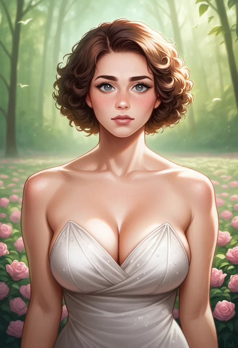 nsfw.glamorous, voluptuous,Cute woman in the drizzle, (elegant, Beautiful Face), Transparent white dress, Forest Moss, (freckles:0.8), Flower Field, , Curly Red Hair, Magical atmosphere, (short hair), ((Detailed skin, Skin Texture)), Ultra-detailed, (Exquisitely crafted, The finer details, Ultra-detailed), Ray Tracing, Scattered beneath the surface, (Fantasy underworld in the background), Diffused and soft lighting, Shallow depth of field, by (by Oliver Wetter), Sharp focus blur, (Realistic photo quality:1.4)