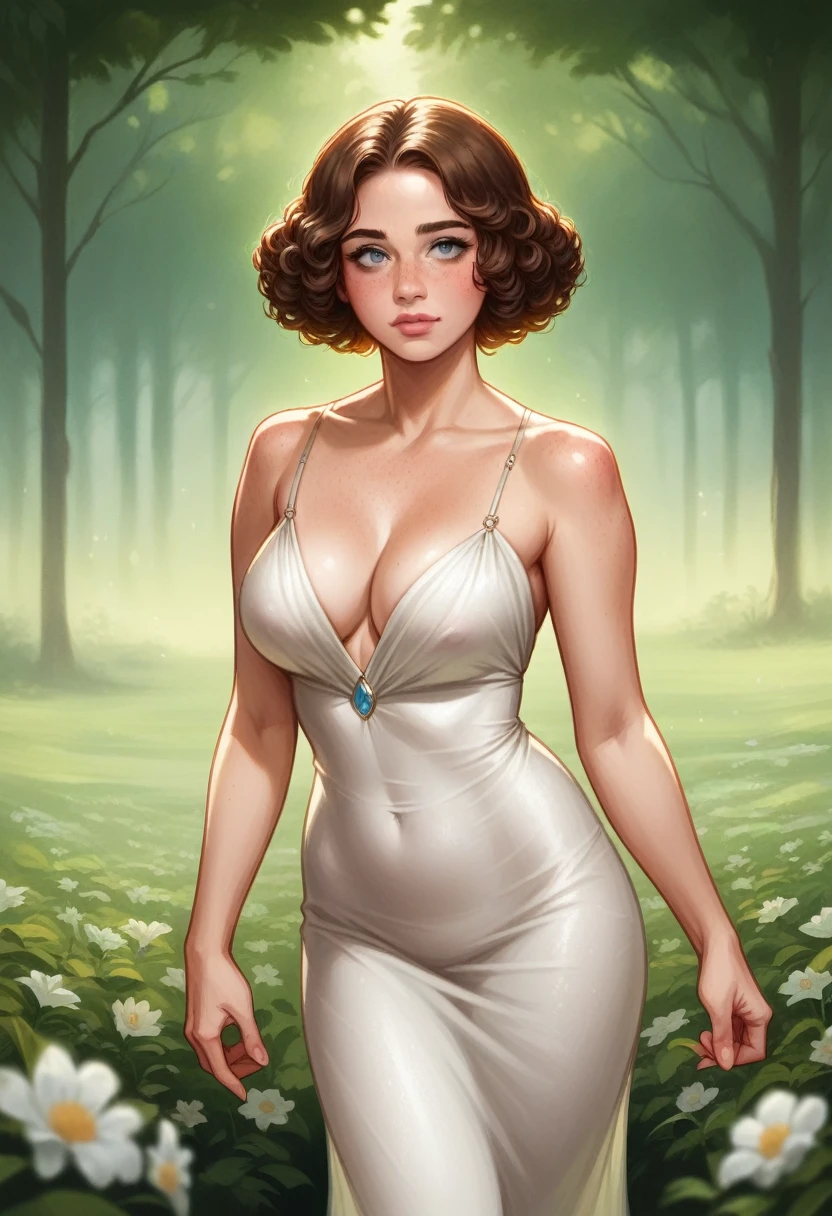 nsfw.glamorous, voluptuous,Cute woman in the drizzle, (elegant, Beautiful Face), Transparent white dress, Forest Moss, (freckles:0.8), Flower Field, , Curly Red Hair, Magical atmosphere, (short hair), ((Detailed skin, Skin Texture)), Ultra-detailed, (Exquisitely crafted, The finer details, Ultra-detailed), Ray Tracing, Scattered beneath the surface, (Fantasy underworld in the background), Diffused and soft lighting, Shallow depth of field, by (by Oliver Wetter), Sharp focus blur, (Realistic photo quality:1.4)