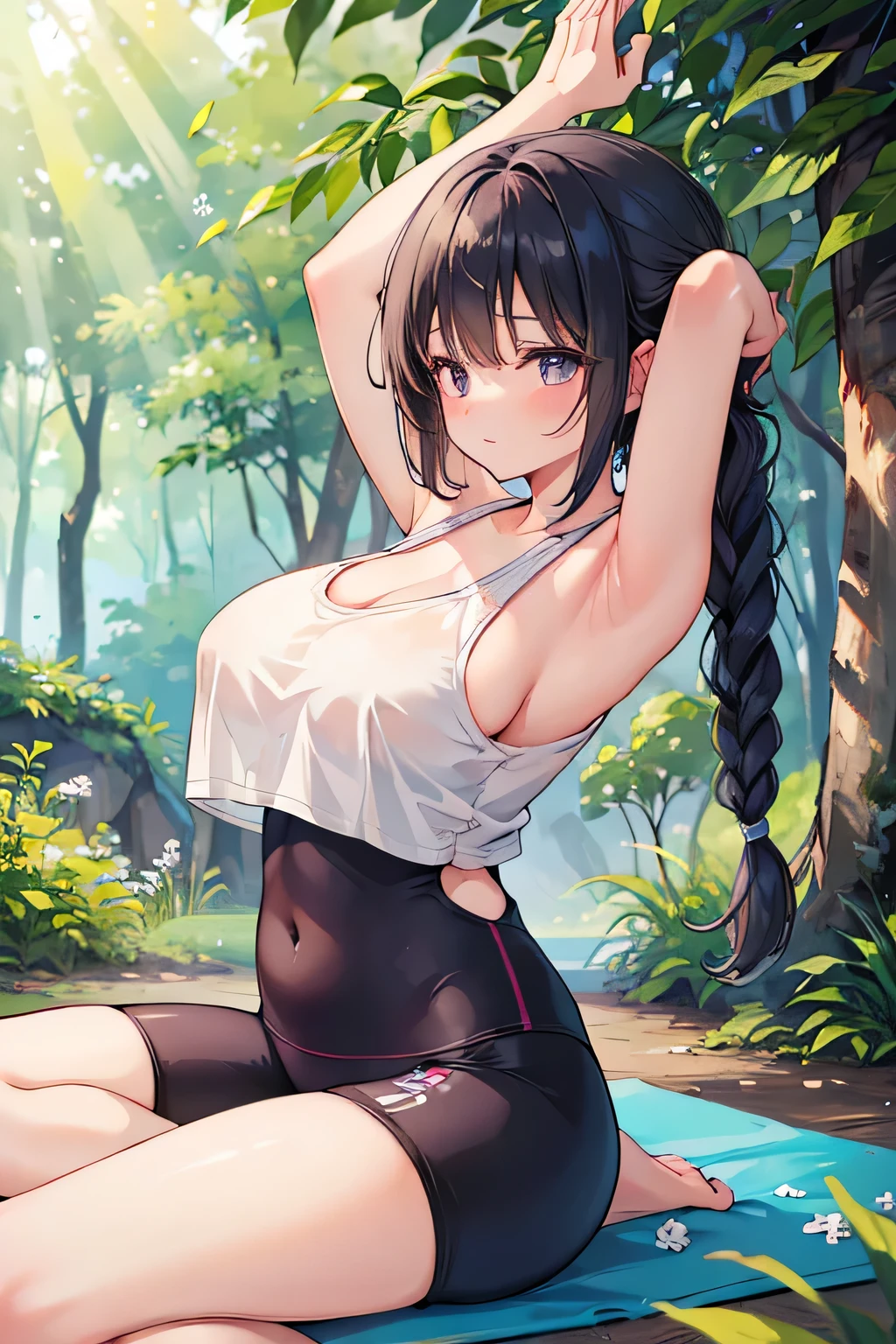 Highest quality、High resolution、Detailed Background、Artistic、mysterious、(Beautiful face in every detail:1.4)、Anatomically correct、(Normal number of fingers:1.2)、Highly detailed face、Detailed eyes、Beautiful women in their 20s、(:1.2)、Perfect body line、Light color hair、Braided bob cut、Braided Ponytail、well-groomed eyebrows、Natural beauty、Calm and elegant look、
(Woman doing yoga in nature:1.5)、
In the lush forest、A field that spreads out on top of a small hill、The blue sky is spreading and a pleasant breeze is blowing.、There is a woman doing yoga in a seated pose.、I am concentrating on my movements while slowly regulating my breathing and stretching my body.、Trees around々Overgrown、I can hear the birds chirping、Being surrounded by nature seems to refresh the mind and body of women.、I occasionally close my eyes and focus on the yoga movements while listening to the sounds of nature around me.、In the silence, you can feel yourself deepening your dialogue with yourself and maintaining a balanced state of mind and body.、The image of a woman enjoying a relaxing yoga session in a comfortable environment surrounded by nature emerges.、cute