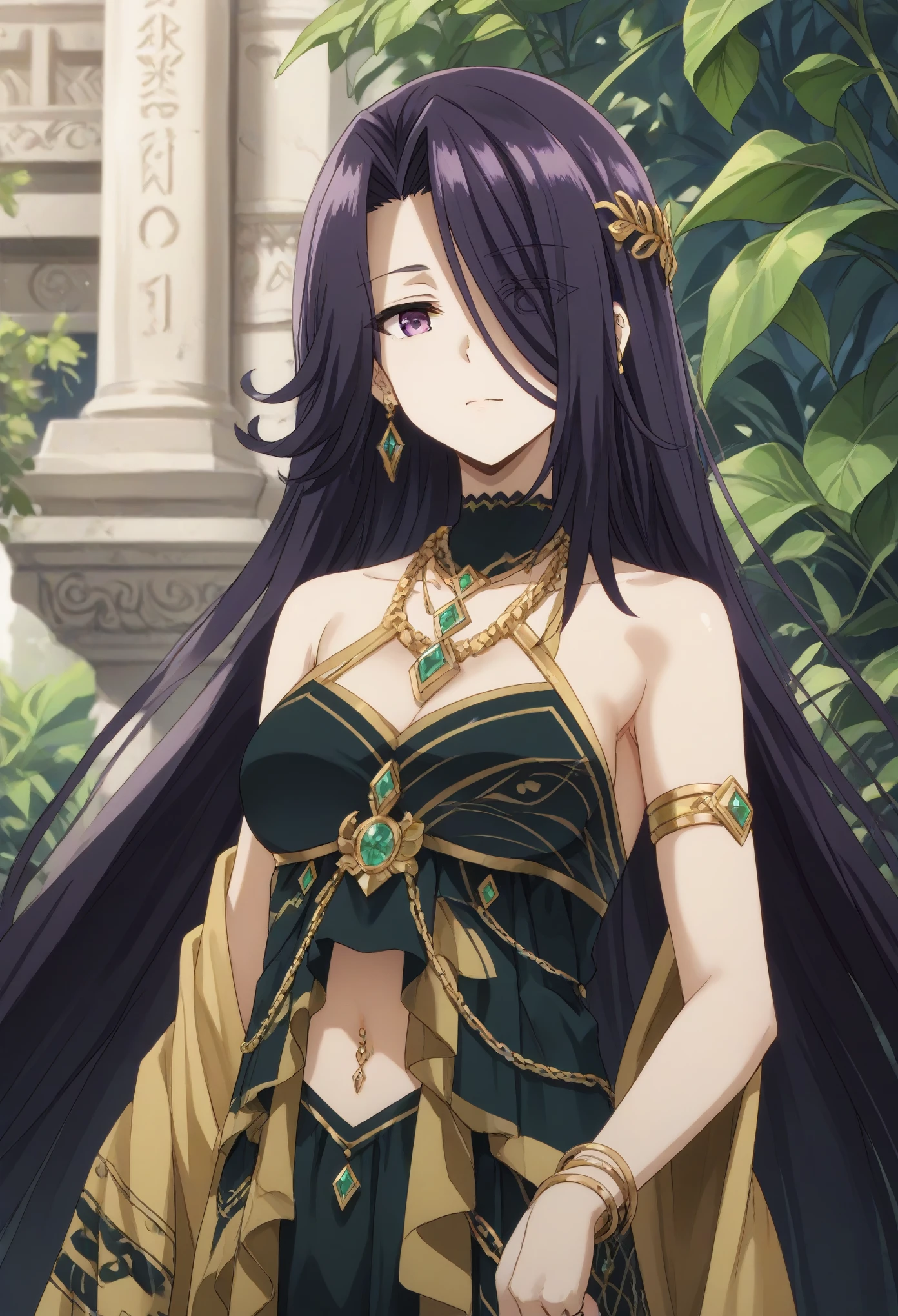 aurora, long hair, purple hair, very long hair, purple eyes, hair over one eye,tall woman,full display of temple jewelry, a pair of earrings, necklace, bangles, navel piercing, ring, maang tikka highly detailed vray render, flash, high quality, 18k,, long hair, multicolored dress, hair ornament, golden embroidery, ancient indian, midriff peek, waist jewelry, (nose pin), armlet with golden chains, (close-up), golden shawl with intricate leaf embroidery, embroidered dress, (kamarband:1.1), veil over eyes,best quality,