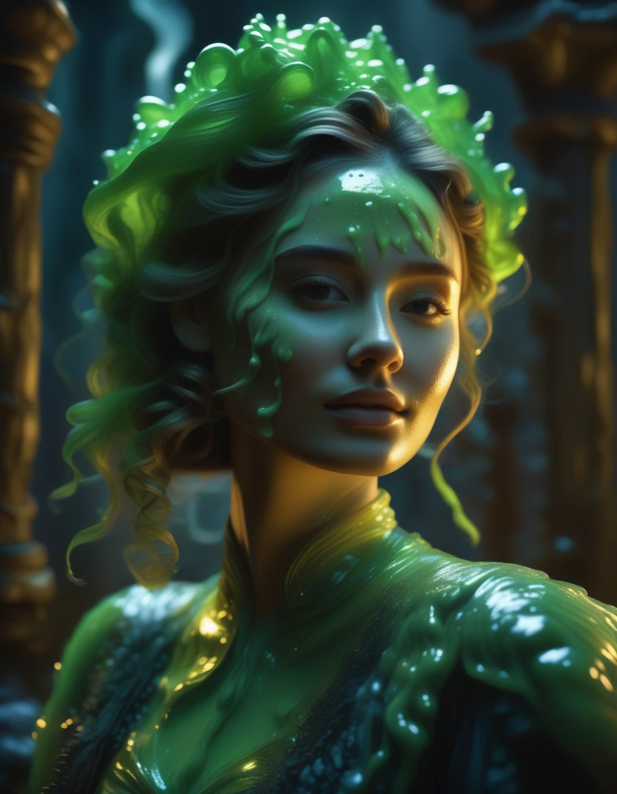 a beautiful (slime girl:2.0) transforming in a dark fantasy dungeon, highly detailed and realistic, transparent and glowing skin, stunning young woman, game monster, ultra-detailed, 8k, photorealistic, masterpiece, dramatic lighting, ethereal, otherworldly, glowing, intricate, flowing hair, elegant pose