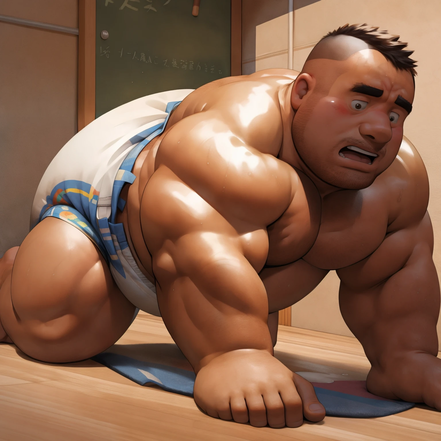 masterpiece, Top quality, in 32K, perfect anatomy, hyper detailed, super fine illustration, The thick man is a brutal prisoner, retarded, hairy human, 50yo in Japan, (fatness: 1.0), Fatty muscle, Bowleg, disappointment, incontinent, be diaper check by children, waddle, There is a small puddle under him, incontinent, Naked, short legs, Bowleg, spread legs, wear a White cloth Diaper, Bare belly, Bare legs, Bare foots, Bare soles, Shirtless, wide forehead and short thinning hair, Man with round face with stubble, Bare foots, Bare soles, shy, sissy, Weaker than children, Drool, Round face, steams, Solo, He enters and is despised by children, He surrounded by children, His bottom is wet, Bare foots, big butt, he is scolded by the children, White Diaper, He surrounded by children, sobbing, wear a White cloth Diaper, shirtless, There is a small puddle under him, He enters nursery school and is despised by children, big butt, sobbing, He crawling to go to children, on all fours, side view