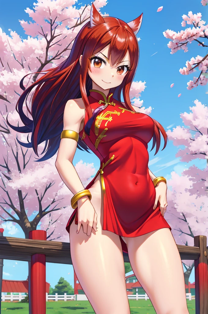 realisitic, fotorrealisitic,cowboy shot,work of art, absurderes, (colorfully), 1 girl, Wendy Marvell, forehead mark, red hair band, Detailed Chinese minidress, へそ, crotch, bracelet, looking ahead at viewer, Ruddy face, ssmile, Cherry blossoms, private garden, Tuuli, floating hair, large breasted, (((Broad Hips))), toned body, detailedeyes, dynamic pose,
