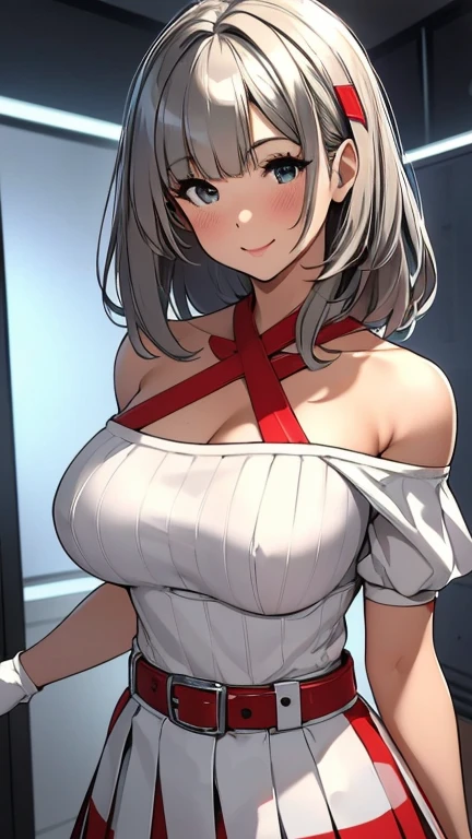 8k，best quality，masterpiece，Very detailed，Semi-realistic，a girl，White off-shoulder top，White gloves，White and red striped tight skirt，Silver wavy short hairstyle，Red eyeakeup Eyeshadow，Lipstick，Smile，science fiction apocalypse，Fighter warehouse，chest mecha，Large Breasts，Arm mecha，Mecha belt