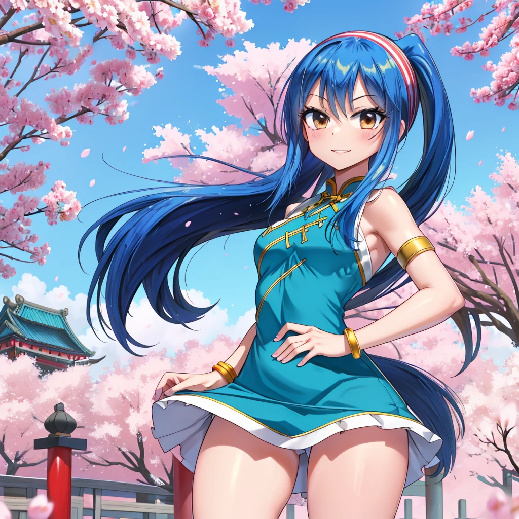 realisitic, fotorrealisitic,cowboy shot,work of art, absurderes, (colorfully), 1 girl, Wendy Marvell, forehead mark, blue hairband, Detailed Chinese minidress, へそ, crotch, bracelet, looking ahead at viewer, Ruddy face, ssmile, Cherry blossoms, private garden, Tuuli, floating hair, large breasted, (((Broad Hips))), toned body, detailedeyes, dynamic pose,
