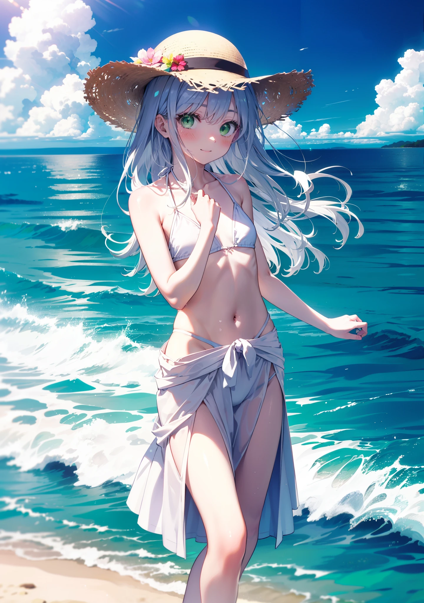 index, index, (Green Eyes:1.5), Silver Hair, Long Hair, (Flat Chest:1.2),happy smile,blush,Straw hat,White string bikini swimsuit with a thin long skirt tied around the waist,へそ出し whole bodyがイラストに入るように,Strolling on the sandy beach,
break outdoors, Beach,
break looking at viewer, whole body, (Cowboy Shot:1. 5),
break (masterpiece:1.2), Highest quality, High resolution, unity 8k wallpaper,, (shape:0.8), (Beautiful attention to detail:1.6), Highly detailed face, Perfect lighting, Extremely detailed CG, (Perfect hands, Perfect Anatomy),