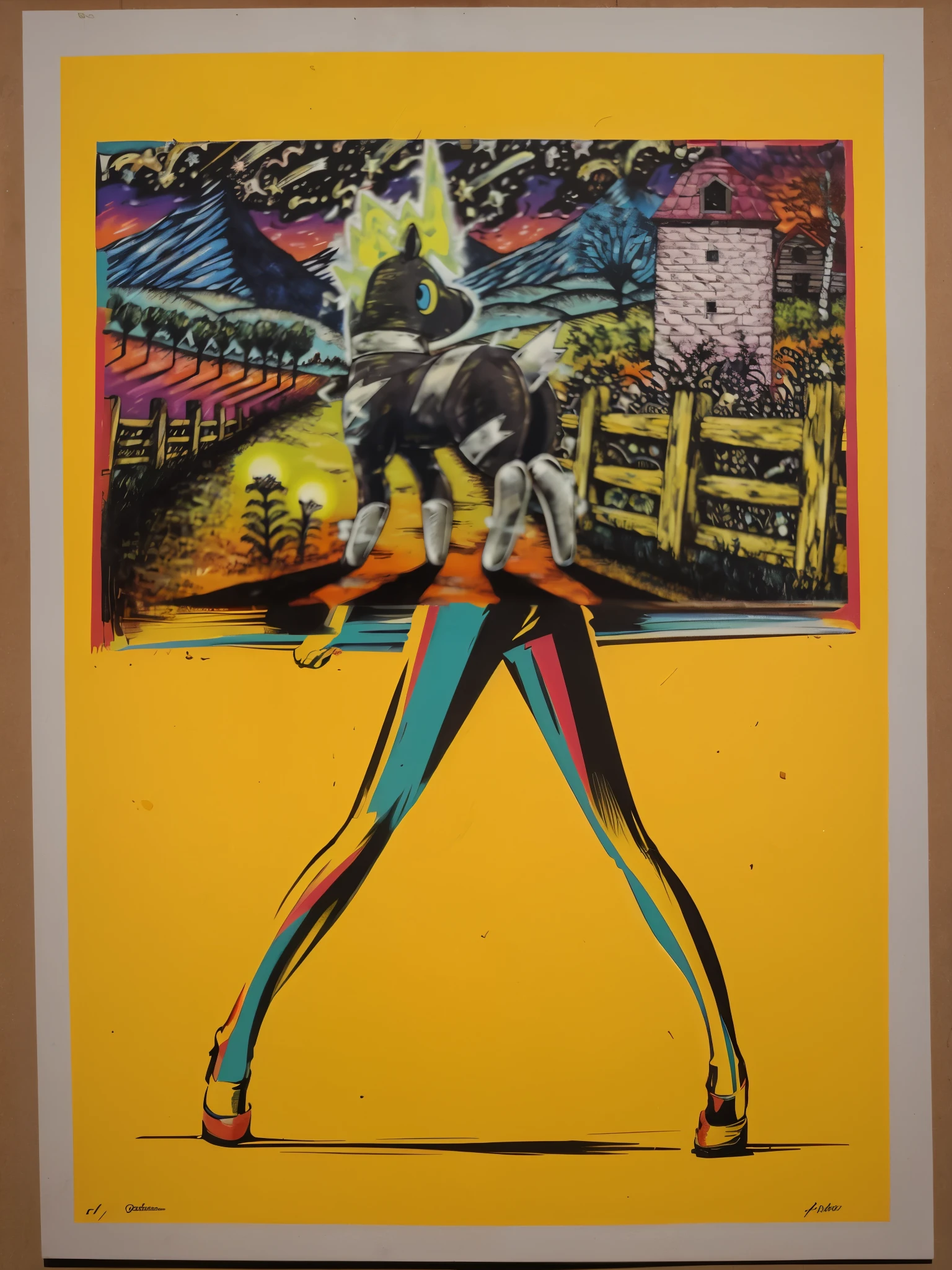continue the image using the style presented. Bold and vibrant colors and harsh use of black shading. The shadow of the center figure continues on to stretch towards the viewer