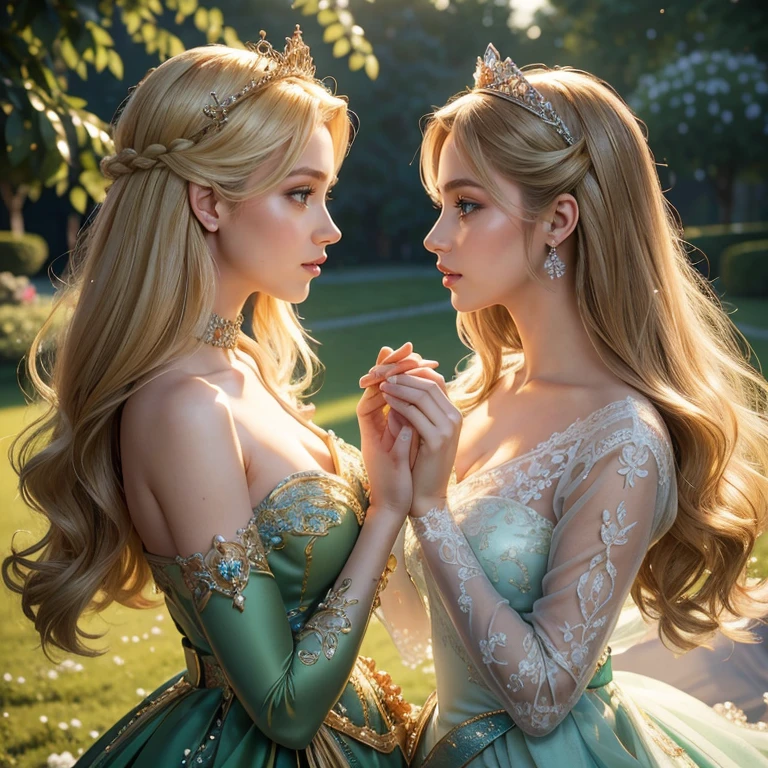 (​masterpiece, best quality:1.5), highest quality, High resolution, super detailed, realisti, Full body photo of the blonde princess, detailed and beautiful eyes, beautiful detailed lips, very detailed eyes and face, longeyelashes, Princess in green royal dress. Birds fly around the princess and transform into her dresses. Beautiful and colorful makeup, elegant and noble々Pose,shiny crown and jewels, Royal gardens as background, soft daylight, bright colors, fine brushstrokes, Portrait style, Exquisite details in the dress fabric, beautiful color palette, glowing skin, First-class rendering, that captures every detail, enchanting atmosphere, subtle shadows and lights, (perfect anatomy:1.2), (Two stunning princesses are deeply in love:1.4), (kiss:1.2), (magnificent panorama view:1.2)