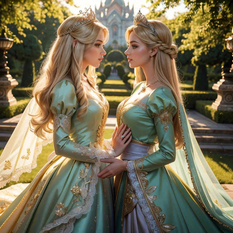 (masterpiece, best quality:1.5), highest quality, High resolution, super detailed, realisti, Full body photo of the blonde princess, detailed and beautiful eyes, beautiful detailed lips, very detailed eyes and face, longeyelashes, Princess in green royal dress. Birds fly around the princess and transform into her dresses. Beautiful and colorful makeup, elegant and noble々Pose,shiny crown and jewels, Royal gardens as background, soft daylight, bright colors, fine brushstrokes, Portrait style, Exquisite details in the dress fabric, beautiful color palette, glowing skin, First-class rendering, that captures every detail, enchanting atmosphere, subtle shadows and lights, (perfect anatomy:1.2), (Two stunning princesses are deeply in love:1.4), (kiss:1.2), (magnificent panorama view:1.2)