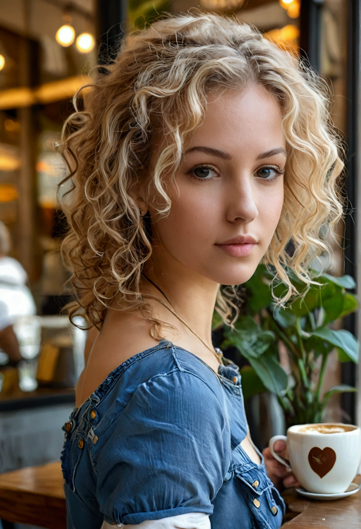 a female, european, adult, hourglass body, frizzy blonde hair, wearing casual clothes, cafe in the background.