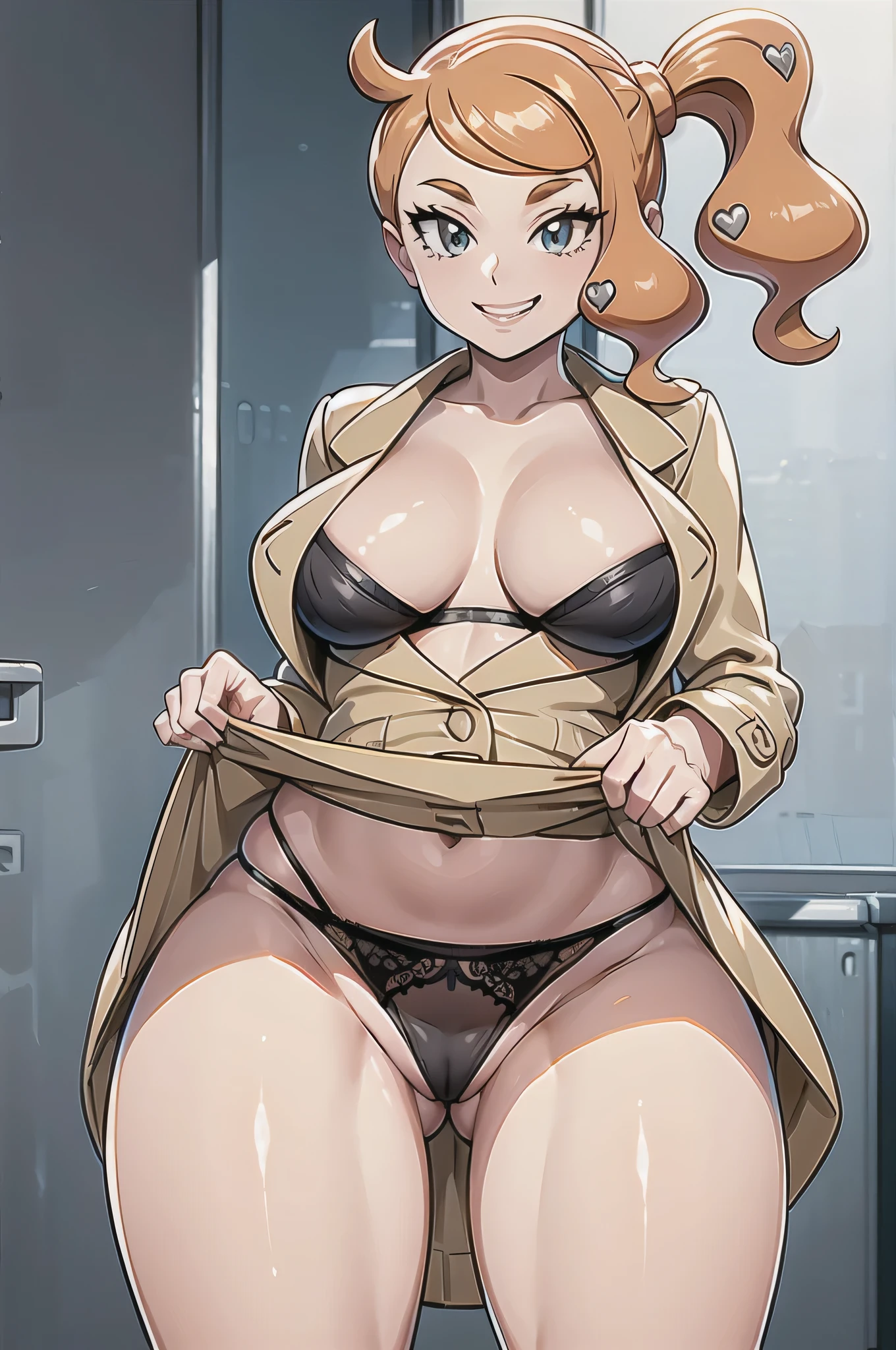 sonia (pokemon), big booty, 1 girl, (solo), ((sonia)), best quality, highres, high quality, 8k, HD, super detail, anatomically correct, UHD, accurate, (masterpiece:1.2), (high quality:1.0), (ultra detailed), (Front View), (Smug Grin), Brat, View from Below, Looking at Viewer, (brown trench coat), (Adult), side ponytail, heart hair ornament, (Skirt Lift), (Black Panties), (Black Panty), Lingerie