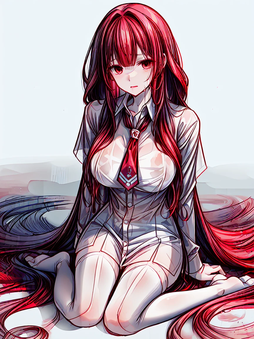 8k, full length, Young girl, (Scarlet hair, very very long, wavy, thick, wet), (unbuttoned shirt, white, wet, Without a tie), white stockings, on the knees, On knees, hands behind,