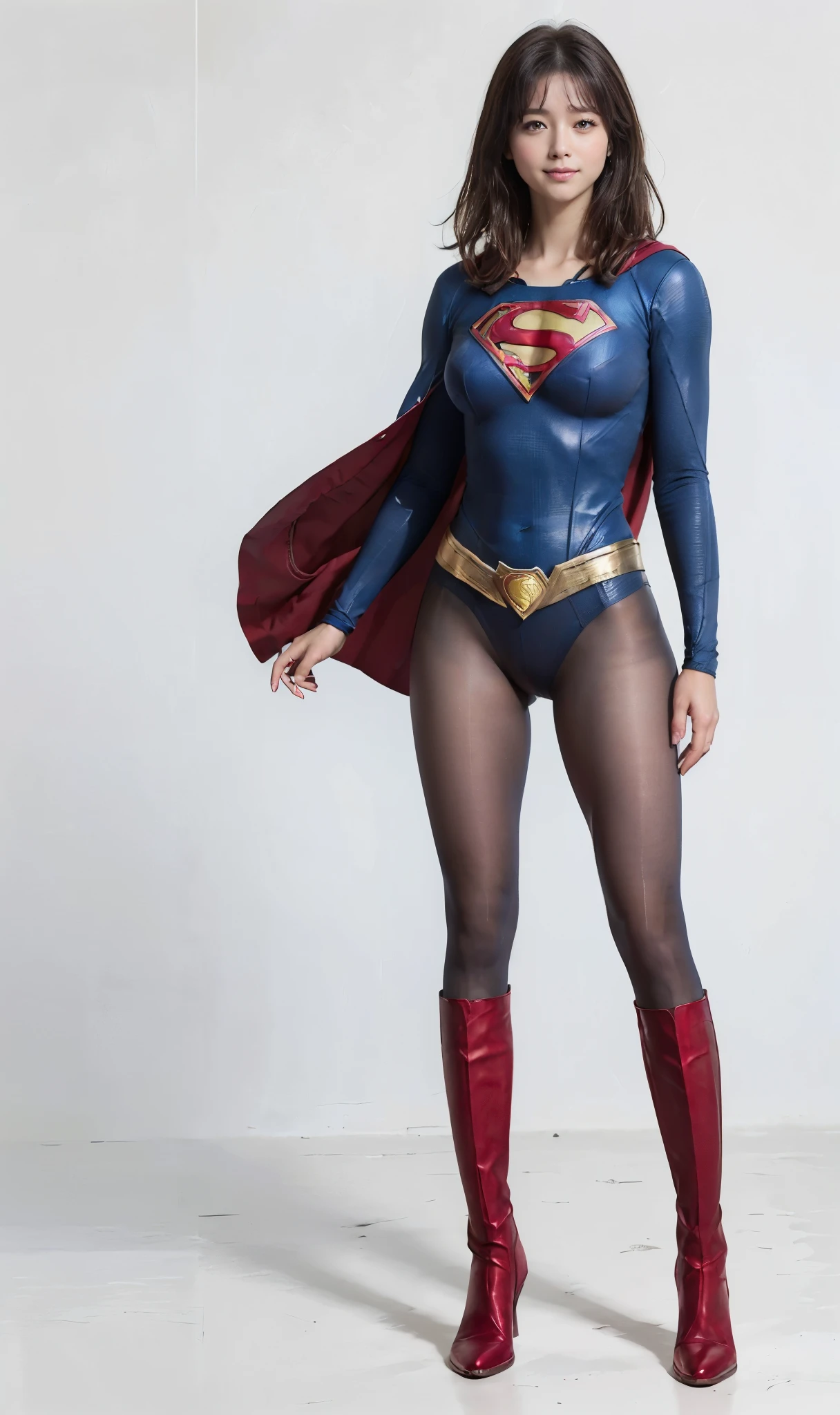 No background、She always has her mouth open、She always has a sad look on her face、Always close your eyes、(((Beautiful legs in black tights.)))、(((Stretch your legs、expensive、Showing a beautiful smile)))、((((Make the most of your original images)))、(((Supergirl Costume)))、(((Beautiful Short Hair)))、(((Suffering face)))、(((Black tights legs、Wear red boots)))、((Best image quality、8k))、((Highest quality、8k、masterpiece:1.3))、(((Preserve background )))、Sharp focus:1.2、Beautiful woman with perfect figure:1.4、Slim Abs:1.2、Wet body:1.5、Highly detailed face and skin texture、8k