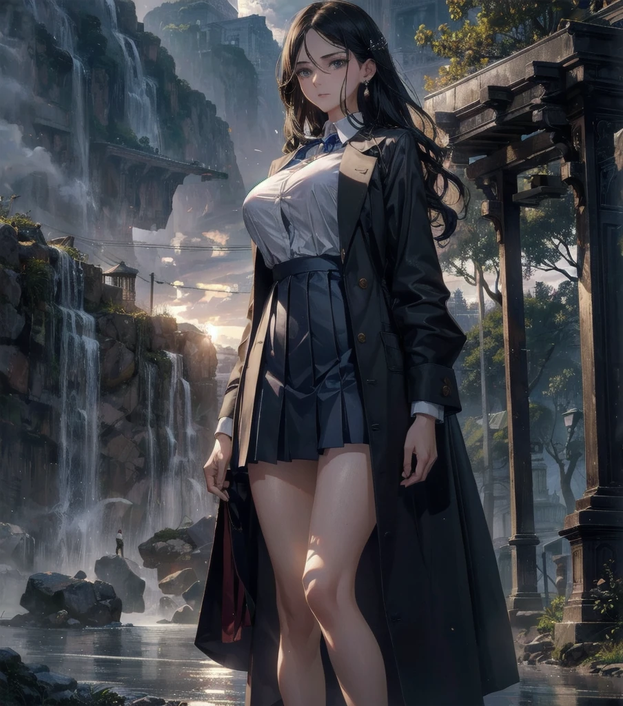 absurdres, RAW photo, extremely delicate and beautiful, masterpiece, Best Quality, ultra high resolution, 32k, hyperrealistic, ultra-detailed, Very detailed CG 8k wallpaper, detailed background, landscape, Beautiful Lighting, Perfect Lightning, Realistic Shadows, perfect anatomy, anatomically correct, ideal ratio body proportions, perfect figure, Perfect Style, Perfect balance, super Detailed skin, in her 30s, very Slim body, narrow waist, very small head, very small face, delicate facial features, handsome detailed woman, very detailed eyes and face, realistic face proportions, Realistic beautiful face, Realistic beautiful eyes, tearful mole, earring, full body shot, very huge round tits, medium hair, asymmetrical hair, wavy hair, outdoor, (school_uniform), skirt, dress shirt,