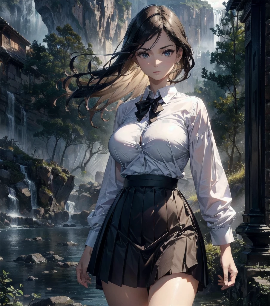 absurdres, RAW photo, extremely delicate and beautiful, masterpiece, Best Quality, ultra high resolution, 32k, hyperrealistic, ultra-detailed, Very detailed CG 8k wallpaper, detailed background, landscape, Beautiful Lighting, Perfect Lightning, Realistic Shadows, perfect anatomy, anatomically correct, ideal ratio body proportions, perfect figure, Perfect Style, Perfect balance, super Detailed skin, in her 30s, very Slim body, narrow waist, very small head, very small face, delicate facial features, handsome detailed woman, very detailed eyes and face, realistic face proportions, Realistic beautiful face, Realistic beautiful eyes, tearful mole, earring, full body shot, very huge round tits, medium hair, asymmetrical hair, wavy hair, outdoor, (school_uniform), skirt, dress shirt,