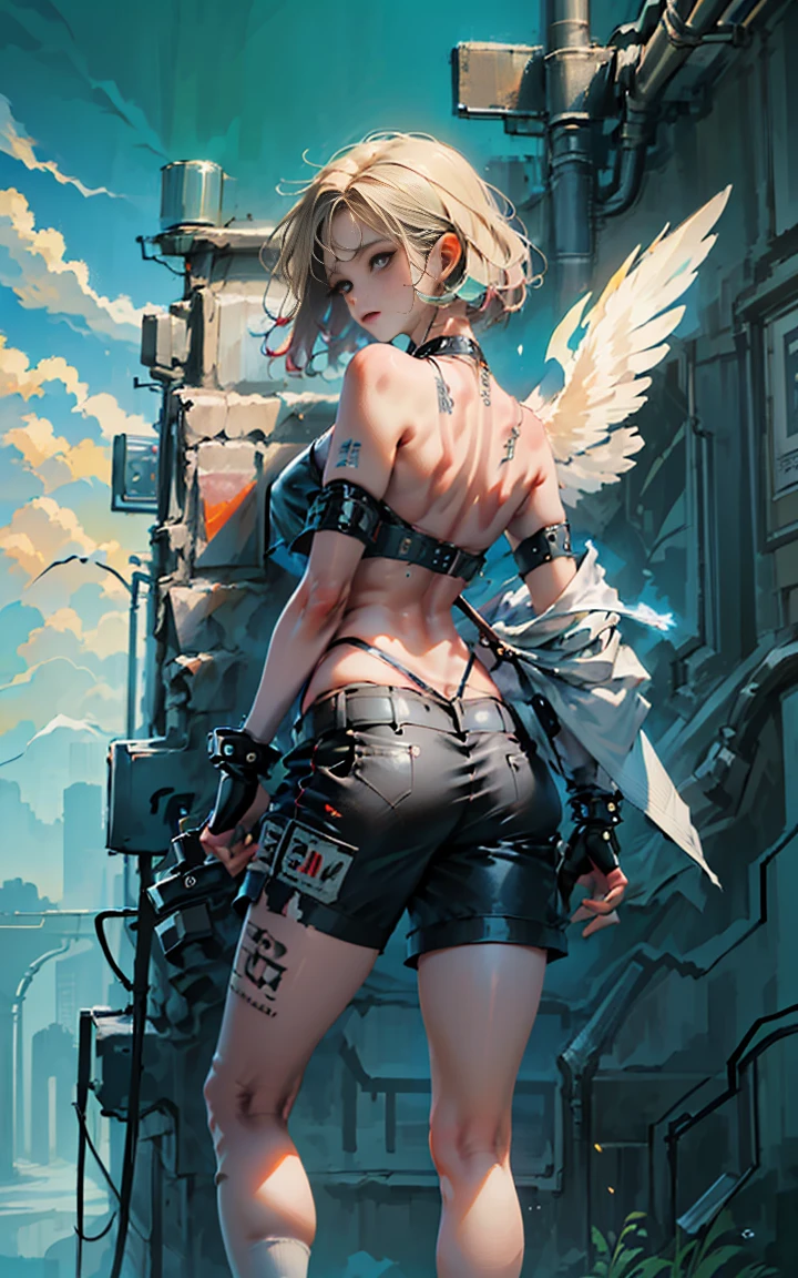 CG K Ultrarealistic ,((premium、8k、32K、masterpiece、NffSW:1.3)), (superfine illustration)、(super high resolution), (((adult body))), (((1 girl with white wings on her back:1.5))), ((( short hair bob ))), 25 year old cyberpunk gladiator with perfect body, Shoulder pads with metal spikes., Gladiadores in Brooklyn, (( short hair bob )), Torn rugby team t-shirt, Almost naked in the wild urban style of Simon Bisley, short blonde hair, minimal clothing, Metallic protection on the left arm with complex graphics...., Dark red with white stars and blue and white stripes., armor, Full of spikes and rivets., poison tattoo (((Image from the knee up))), short white blonde hair, In the background、 There is a wall with an intricate design painted by Shepard Fairey....