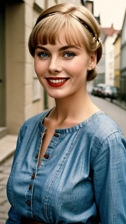 Jean Seberg dressed in traditional German clothing wearing lipstick and smiling