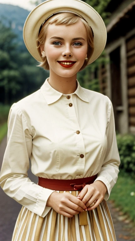 Jean Seberg dressed in traditional German clothing wearing lipstick and smiling