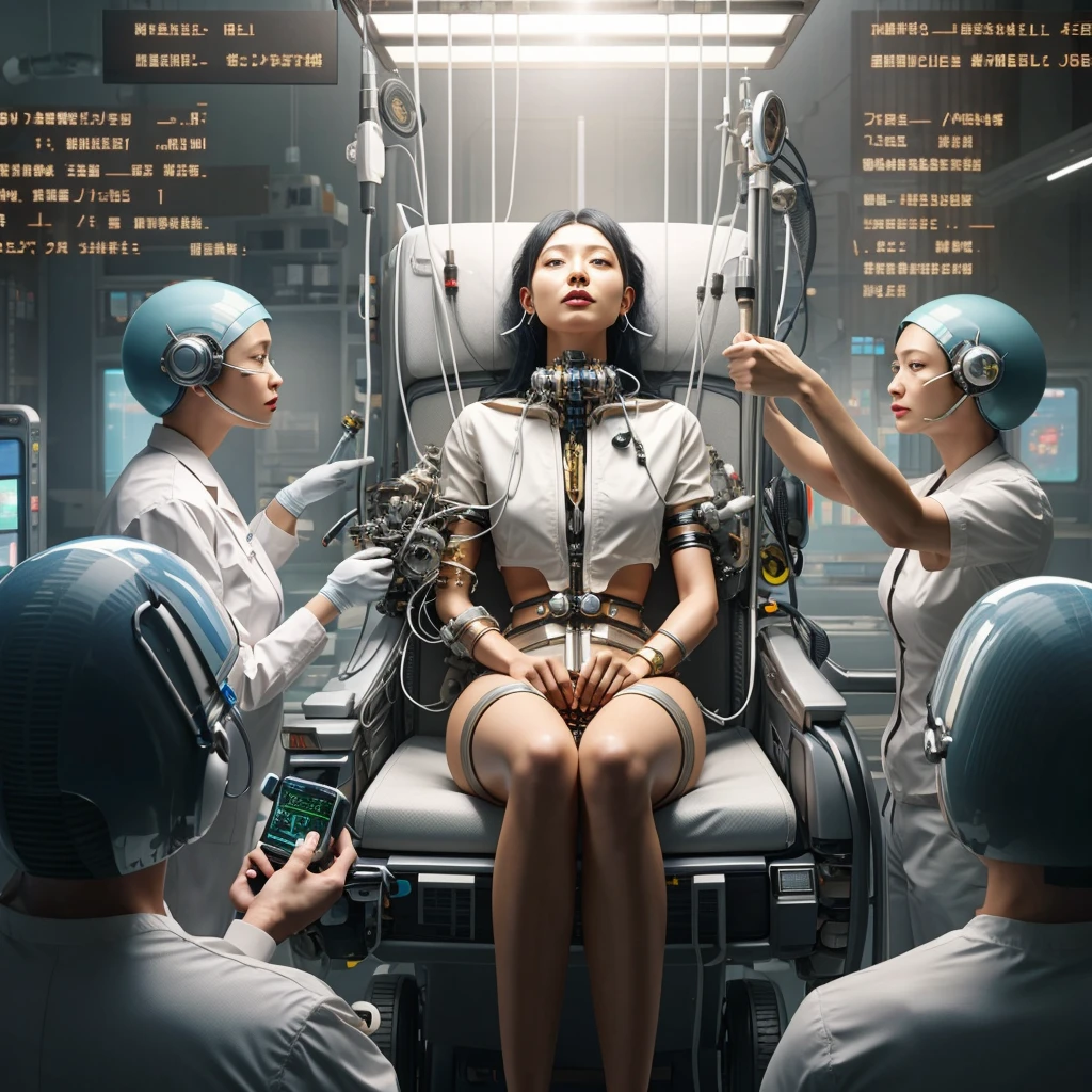 there is a woman wearing a white shirt and black shorts, long black  hair, sitting on a chair with a lot of medical equipment, doctors doing experience, beetle daily art, hiper-realistic cyberpunk style, beetle art, beetle masterpiece, 真实感 | beetle, beetle and mike winkelmann, Advanced digital cyberpunk art, beetle artwork, beetle. hyper真实感