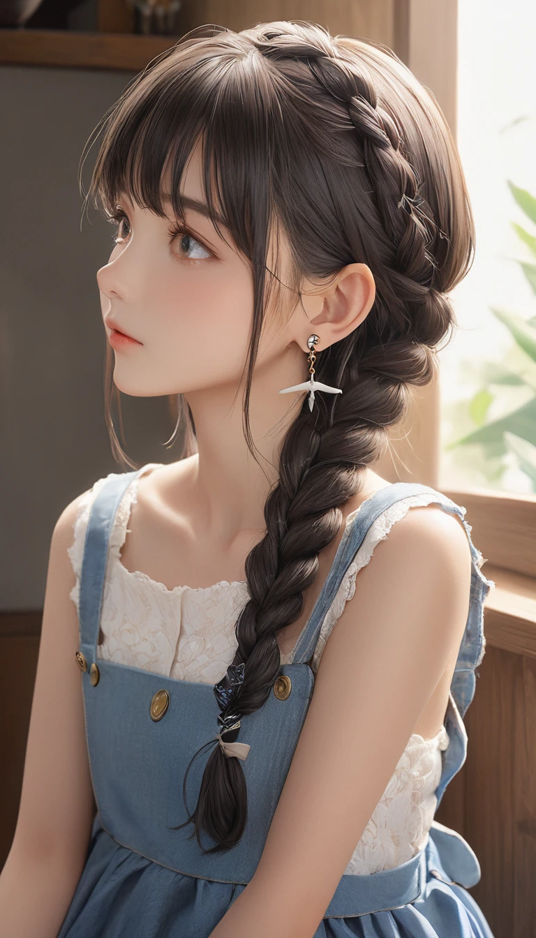 (masterpiece, Highest quality:1.2), One Girl, alone,Bony body、15 years old、Fishbone Braid Hair、Earrings