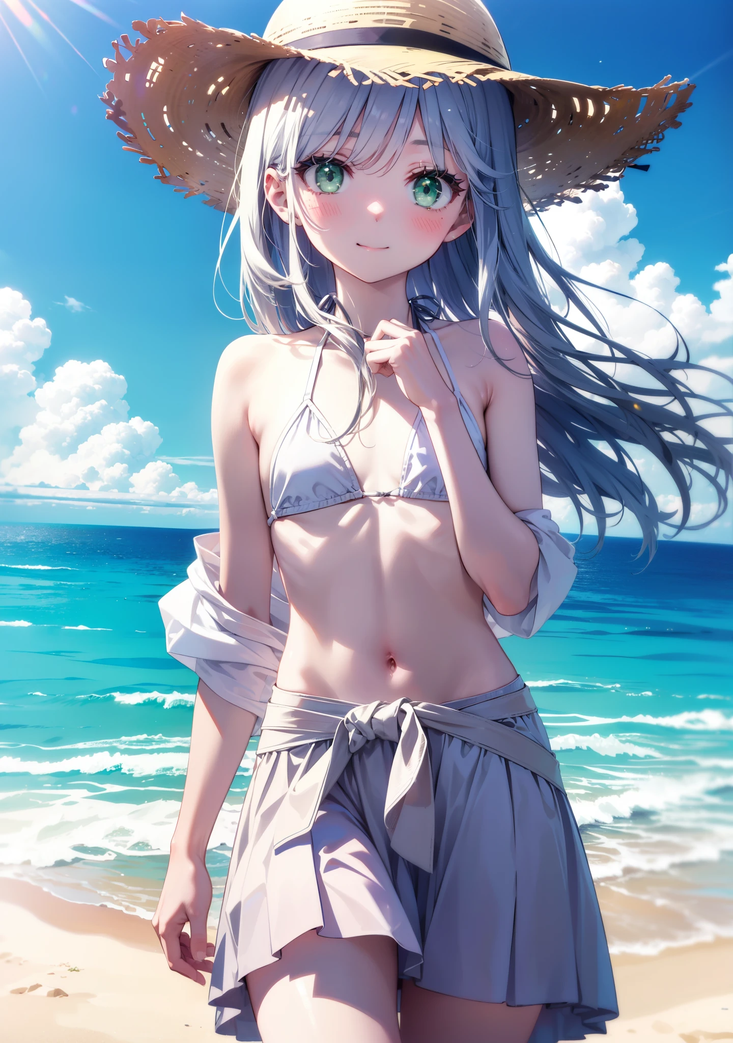 index, index, (Green Eyes:1.5), Silver Hair, Long Hair, (Flat Chest:1.2),happy smile,blush,Straw hat,White string bikini swimsuit with a thin long skirt tied around the waist,へそ出し whole bodyがイラストに入るように,Strolling on the sandy beach,
break outdoors, Beach,
break looking at viewer, whole body, (Cowboy Shot:1. 5),
break (masterpiece:1.2), Highest quality, High resolution, unity 8k wallpaper,, (shape:0.8), (Beautiful attention to detail:1.6), Highly detailed face, Perfect lighting, Extremely detailed CG, (Perfect hands, Perfect Anatomy),