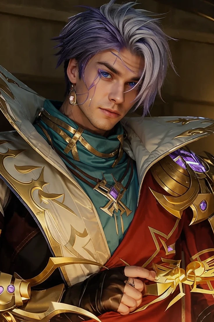 Handsome guy, half purple and white hair, blue eyes