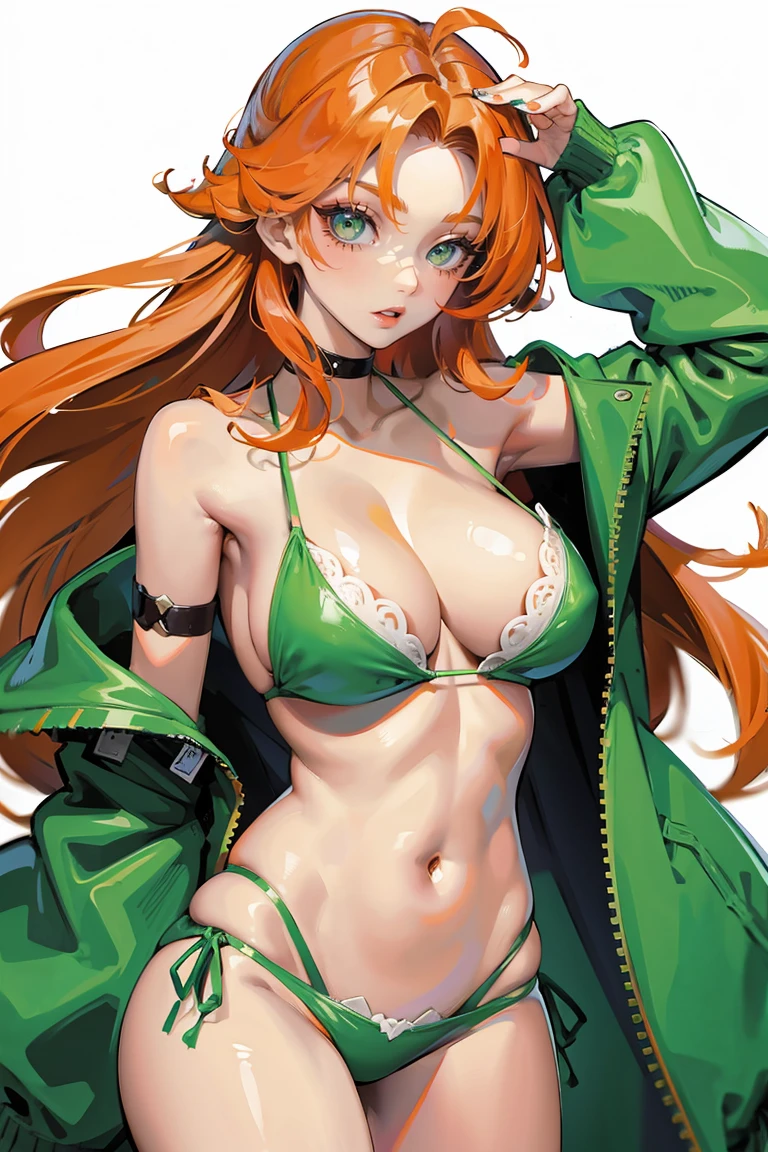 long orange hair, green eyes, large cleavage, , bikini, curvy
