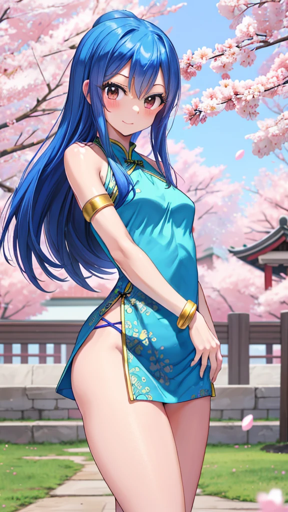 realisitic, fotorrealisitic,cowboy shot,work of art, absurderes, (colorfully), 1 girl, Wendy Marvell, forehead mark, blue hairband, Detailed Chinese minidress, へそ, crotch, bracelet, looking ahead at viewer, Ruddy face, ssmile, Cherry blossoms, private garden, Tuuli, floating hair, Medium chest, slim and sexy waist, (((medium hips))), Corpo sexy, detailedeyes, dynamic pose,
