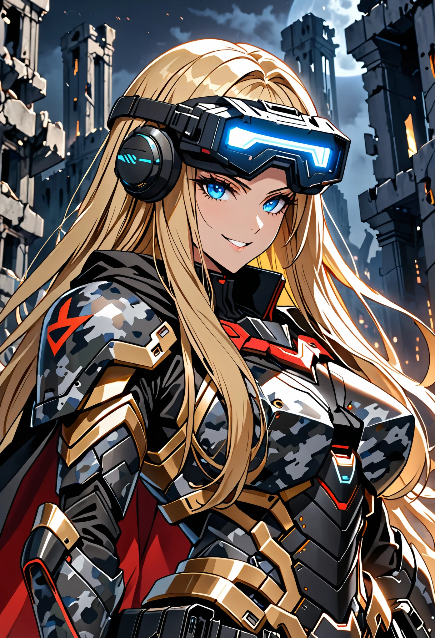 solo, female, huge woman, extremely tall woman, blue eyes, blonde, long hair, black uniform, ((dark camouflage armor)), black cape, gold trim, red trim, muscular, ruins, smile, baggy breeches, broad shoulders, night, looking at viewer, futuristic, head-mounted display, assault rifle, high-tech camouflage, close up