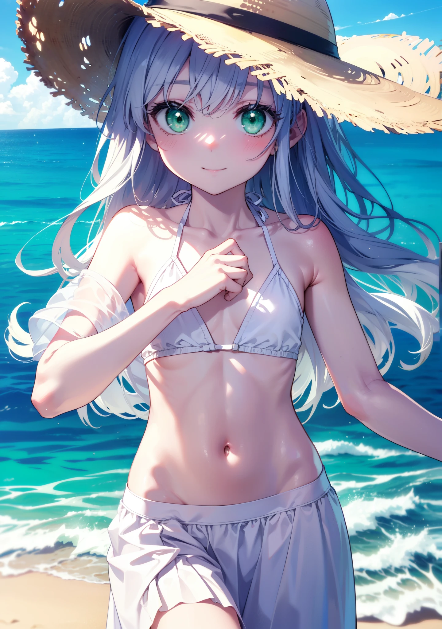index, index, (Green Eyes:1.5), Silver Hair, Long Hair, (Flat Chest:1.2),happy smile,blush,Straw hat,White string bikini swimsuit with a thin long skirt tied around the waist,へそ出し whole bodyがイラストに入るように,Strolling on the sandy beach,
break outdoors, Beach,
break looking at viewer, whole body, (Cowboy Shot:1. 5),
break (masterpiece:1.2), Highest quality, High resolution, unity 8k wallpaper,, (shape:0.8), (Beautiful attention to detail:1.6), Highly detailed face, Perfect lighting, Extremely detailed CG, (Perfect hands, Perfect Anatomy),