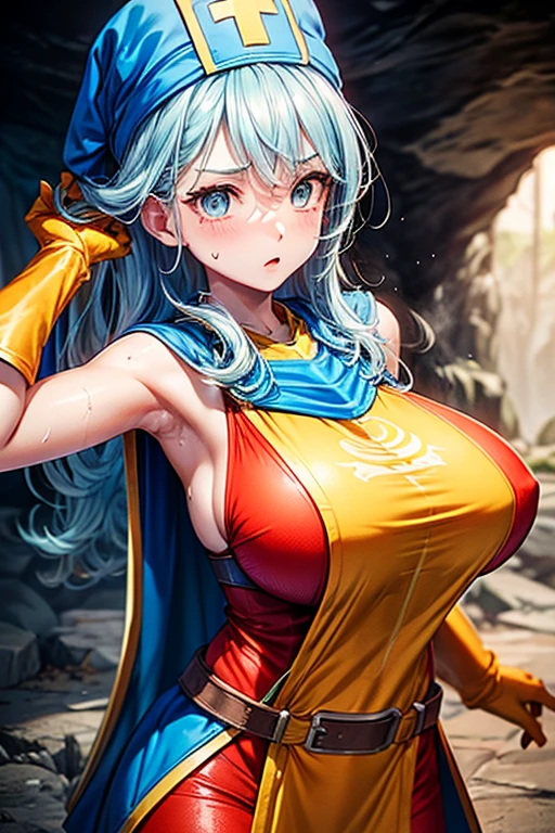 masterpiece, Highest quality, Unreal Engine, Super Resolution, Very detailed,
Beautiful woman, Dragon Quest Female Monk, long sky blue hair, Blue priest hat, Orange bodysuit, (((Blue Tabard:1.5))), Elbow-length gloves, Vivid expression, Healthy Body, Beautifully detailed sweat glands, Smooth skin texture, Carefully drawn,
(humidity:1.5), (Hot Temperatures:1.5), Beautiful Eyes, (Attractive face:1.2), (Beautiful Skin), Tight waist, (Big Breasts), Round Breasts, (Sticky with sweat), Irresistibly sexy pose,
In the world of Dragon Quest, (Inside the cave where you can see magma),