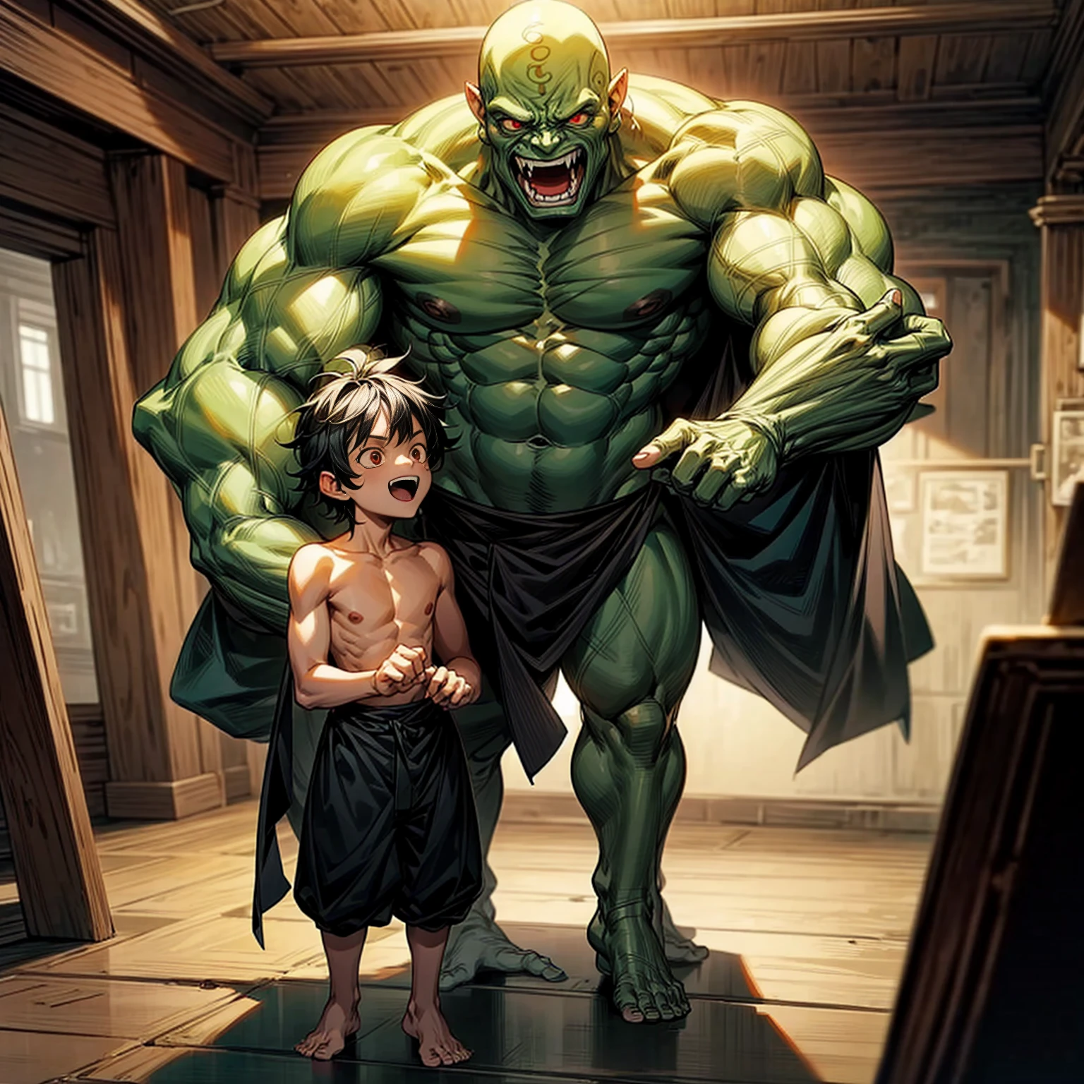 Two character, kid boy with old man green orc, full body version, Kid boy has curly black hair, red eyes, he's topless, he's happy, open mouth, indoor, town, (one piece style art)