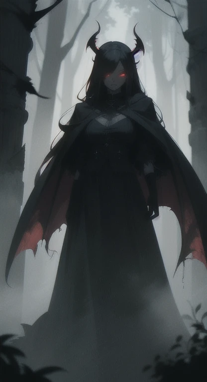 Foggy Forest, ancient female creature, demonic silhouette, devil shadow figure, red eyes, eyes in the fog, rotting, looking dead, torn wings,