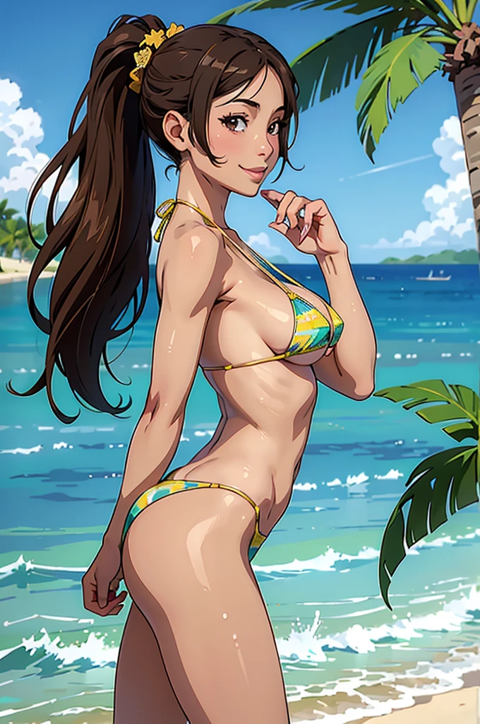 ((highest quality, masterpiece, High resolution)), ((reality)),Photos of beautiful Japanese women,((anime art))、 (((1 girl))), normal size breasts, slim body shape, long ponytail,double eyelid, Wet see-through micro bikini,  A pareo with bold ethnic patterns and plenty of primary colors、(Brown skin:1.4),realistic skin、Wet,whole body,cinematic light、tropical、Against the background of palm trees on both sides、on a sunny beach、With the sea in the background、blur background、smile