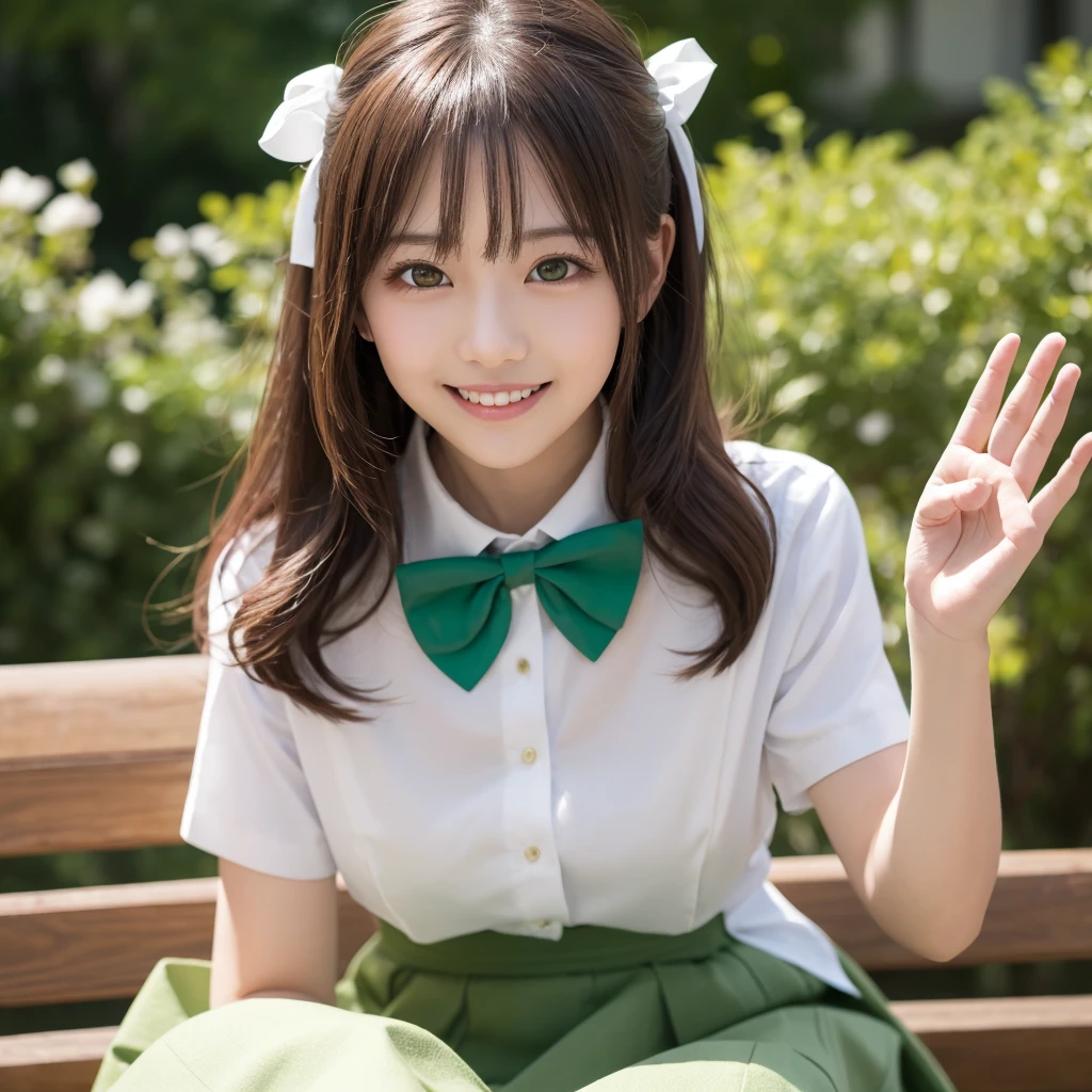 masterpiece, Highest quality, High resolution, anxiety, Long Hair, Ahoge, hair ornaments, Green Eyes, chest, , Green bow tie, Collared shirt, White shirt, Sweater vest, Yellow vest, Short sleeve, Checked skirt, Green Skirt, Sitting, bench, wave hands, smile, Outdoor,naked,chestを出す,