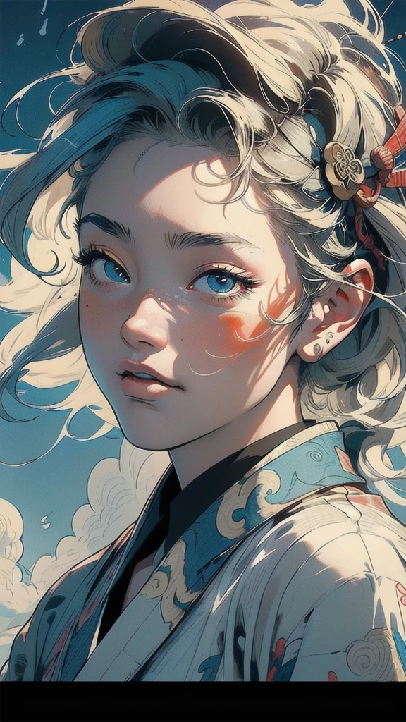 (((masterpiece, highest quality))),,(((solo:1.2))),(((1girl:1.2))),32k wallpaper, very detailed, poster, vintage science fiction,(((((portfolio))))),(((((Close-up))))),(((((bust up))))),((((more various angle)))),((((highlight)))),((((heterochromia)))),(((complete. detailed face))),(((detailed unlimited complete equipment : rail gun))),(((((Absolutely Realistic Clouds background))))),(((Texture for people : halftone))),((Open your mouth wide)),(((((Wind God and Thunder God))))),(((Ukiyo-e)))