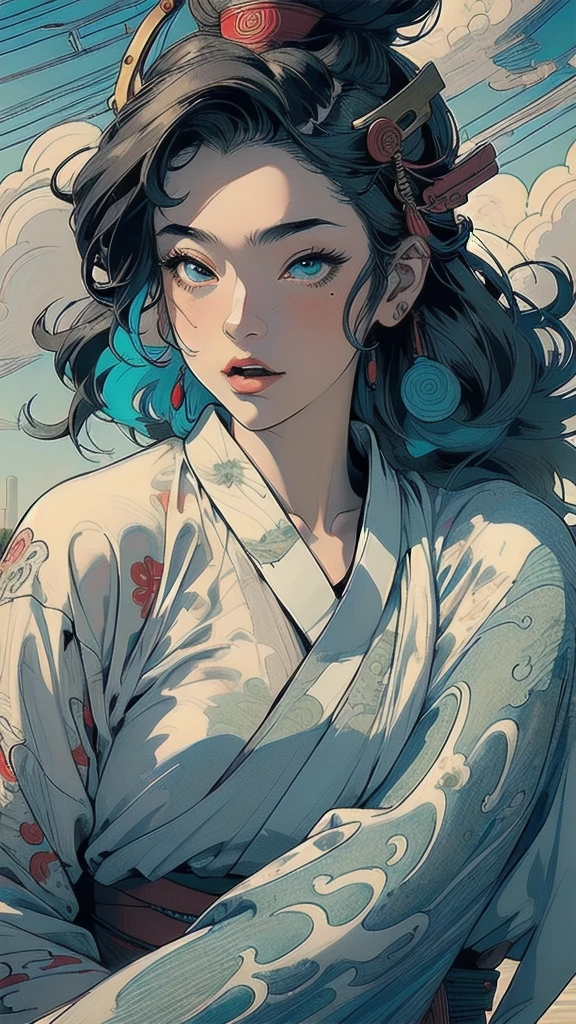(((masterpiece, highest quality))),,(((solo:1.2))),(((1girl:1.2))),32k wallpaper, very detailed, poster, vintage science fiction,(((((portfolio))))),(((((Close-up))))),(((((bust up))))),((((more various angle)))),((((highlight)))),((((heterochromia)))),(((complete. detailed face))),(((detailed unlimited complete equipment : rail gun))),(((((Absolutely Realistic Clouds background))))),(((Texture for people : halftone))),((Open your mouth wide)),(((((Wind God and Thunder God))))),(((Ukiyo-e)))