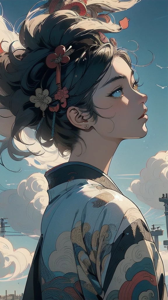 (((masterpiece, highest quality))),,(((solo:1.2))),(((1girl:1.2))),32k wallpaper, very detailed, poster, vintage science fiction,(((((portfolio))))),(((((Close-up))))),(((((bust up))))),((((more various angle)))),((((highlight)))),((((heterochromia)))),(((complete. detailed face))),(((detailed unlimited complete equipment : rail gun))),(((((Absolutely Realistic Clouds background))))),(((Texture for people : halftone))),((Open your mouth wide)),(((((Wind God and Thunder God))))),(((Ukiyo-e)))