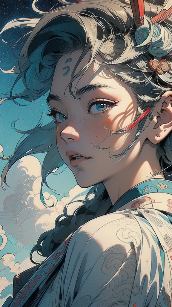 (((masterpiece, highest quality))),,(((solo:1.2))),(((1girl:1.2))),32k wallpaper, very detailed, poster, vintage science fiction,(((((portfolio))))),(((((Close-up))))),(((((bust up))))),((((more various angle)))),((((highlight)))),((((heterochromia)))),(((complete. detailed face))),(((detailed unlimited complete equipment : rail gun))),(((((Absolutely Realistic Clouds background))))),(((Texture for people : halftone))),((Open your mouth wide)),(((((Wind God and Thunder God))))),(((Ukiyo-e)))