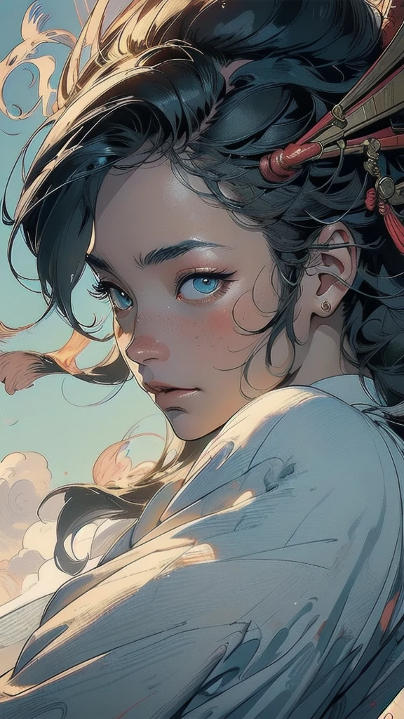 (((masterpiece, highest quality))),,(((solo:1.2))),(((1girl:1.2))),32k wallpaper, very detailed, poster, vintage science fiction,(((((portfolio))))),(((((Close-up))))),(((((bust up))))),((((more various angle)))),((((highlight)))),((((heterochromia)))),(((complete. detailed face))),(((detailed unlimited complete equipment : rail gun))),(((((Absolutely Realistic Clouds background))))),(((Texture for people : halftone))),((Open your mouth wide)),(((((Wind God and Thunder God))))),(((Ukiyo-e)))