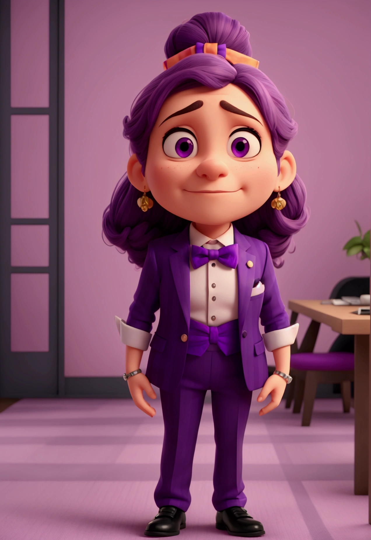A purple woman wearing a purple striped suit and bow tie is playing on her cell phone and he is furious.