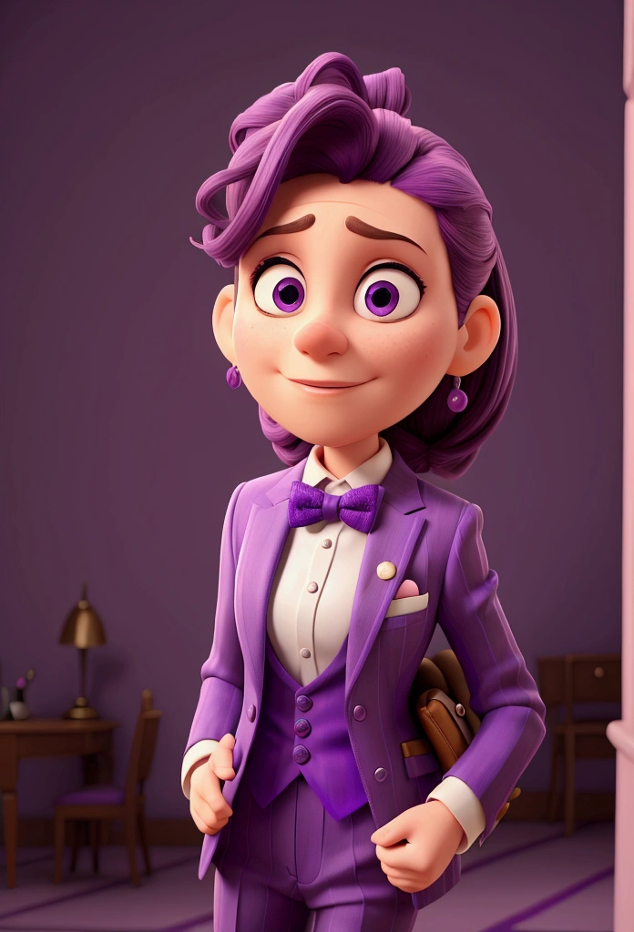 A purple woman wearing a purple striped suit and bow tie is playing on her cell phone and he is furious.