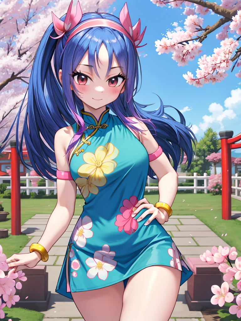 realisitic, fotorrealisitic,cowboy shot,work of art, absurderes, (colorfully), 1 girl, haruno sakura, forehead mark, blue hairband, Detailed Chinese minidress, へそ, crotch, bracelet, looking ahead at viewer, Ruddy face, ssmile, Cherry blossoms, private garden, Tuuli, floating hair, large breasted, (((Broad Hips))), toned body, detailedeyes, dynamic pose,