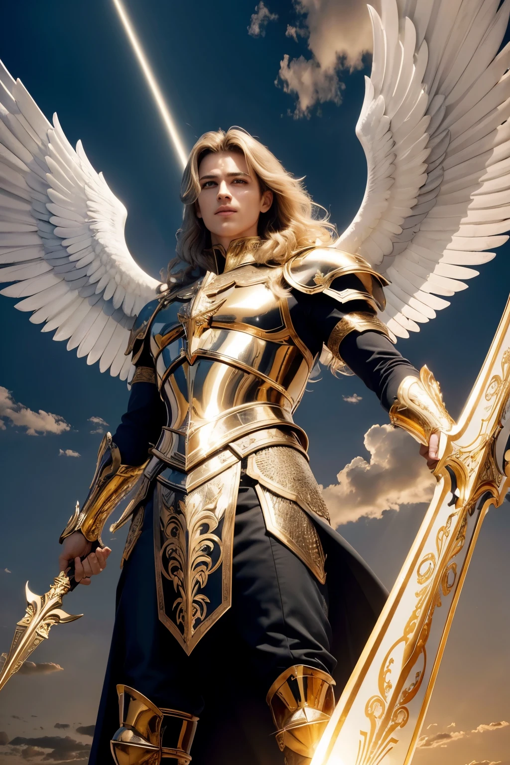 Archangel Michael in a majestic and heroic pose. He's dressed in shiny armor, with intricate details in gold and silver. Its wings are huge and imposing, with bright feathers that reflect light. In the right hand, he holds a flaming sword, and on the left, a shield adorned with angelic symbols. The background is a dramatic sky, with dark clouds and rays of light penetrating. At dinner it transmits power, courage and divinity, with a realistic and detailed style.