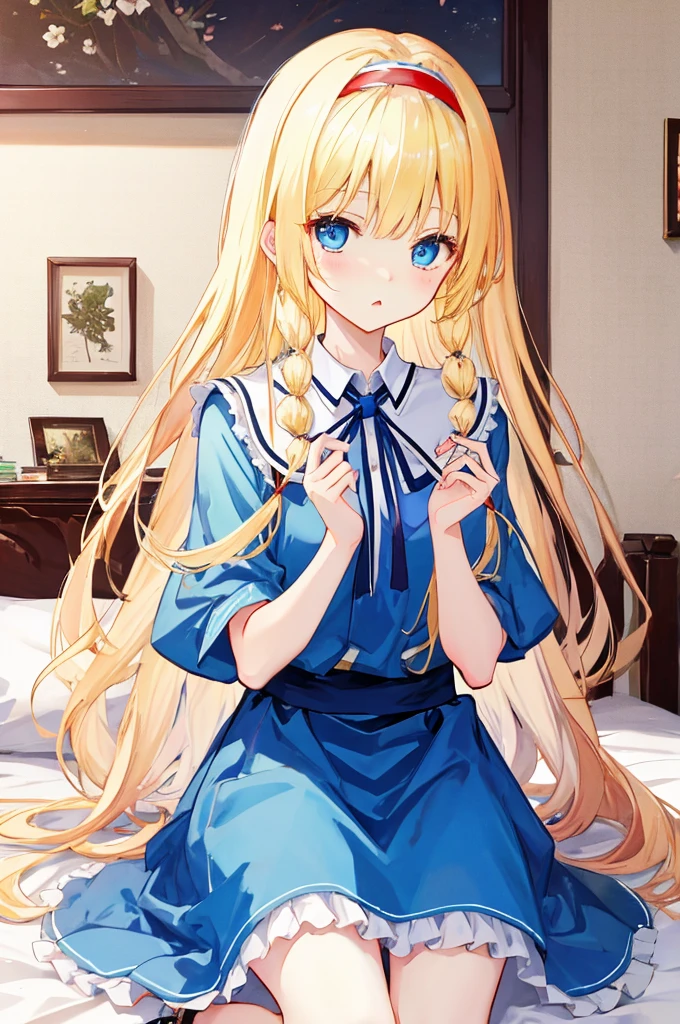 《Alice梦游仙境》，fairy tales，((Alice))，Long blond hair，Blue Eyes，Well-behaved and cute，Sitting on the bed，